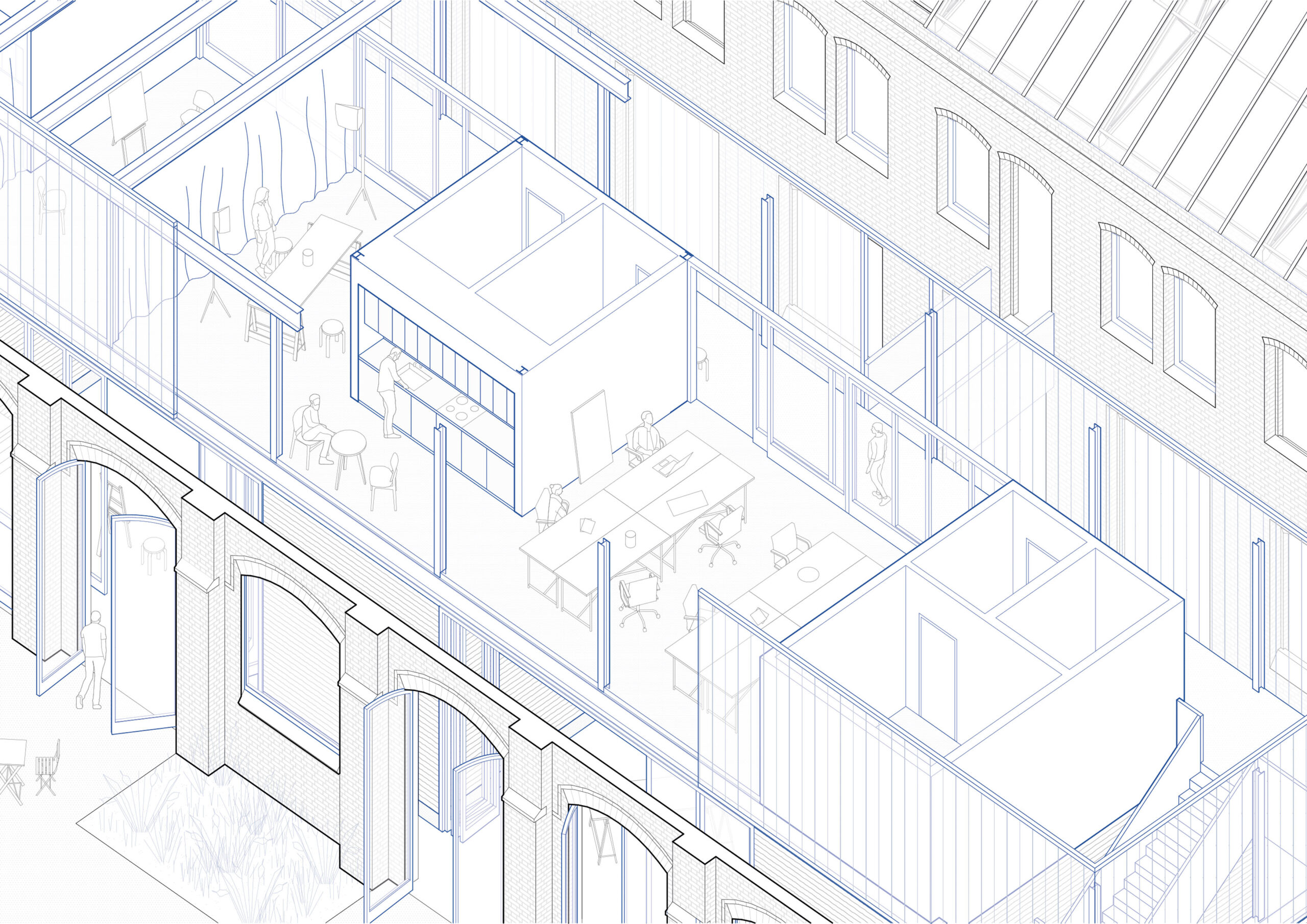 Platz für Zukunft - Axonometrie Zoom-In Co-Working - Janek von Zabern - Masterthesis Maschinenfabrik Philipp Swiderski Leipzig