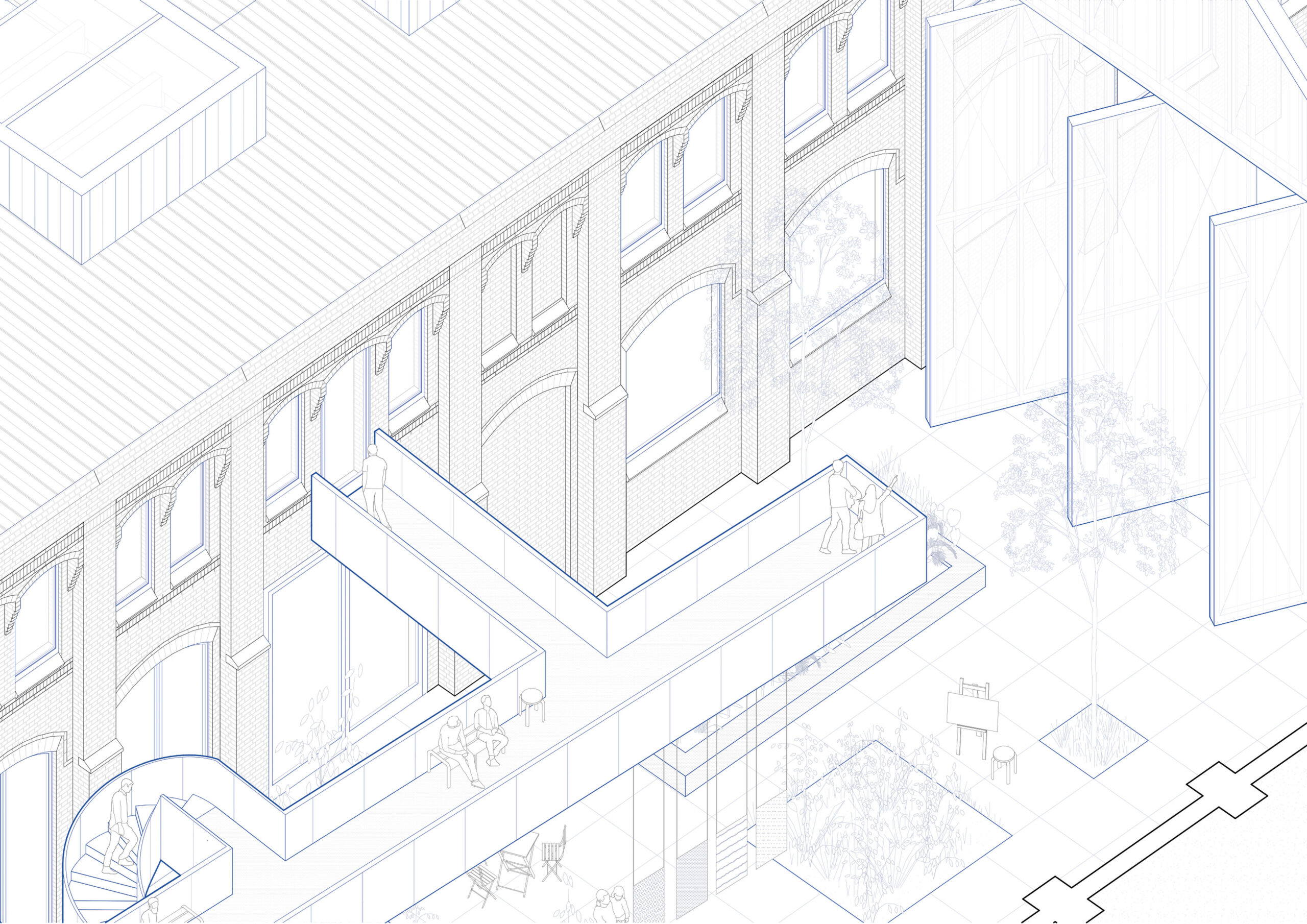 Platz für Zukunft - Axonometrie Zoom-In Hof - Janek von Zabern - Masterthesis Maschinenfabrik Philipp Swiderski Leipzig